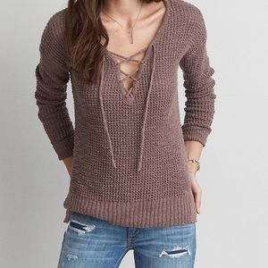American Eagle Mocha Lace Up Sweater Medium